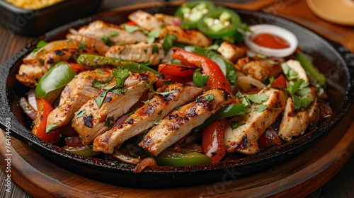 A sizzling plate of chicken fajitas with tender strips of grilled chicken sauted peppers and onions warm tortillas and an assortment of fresh toppings and sauces
