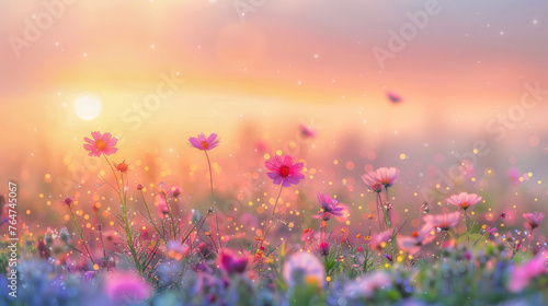 A field of colorful flowers under a bright sun in the background, casting warm light on the blooming flora © Oksa Art