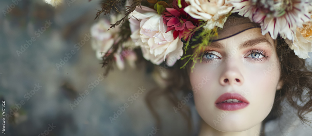 Woman with floral crown, ethereal gaze.