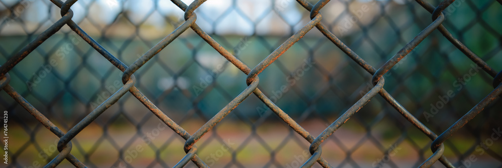 Fototapeta premium Rusted chain-link fence, blurred backdrop.