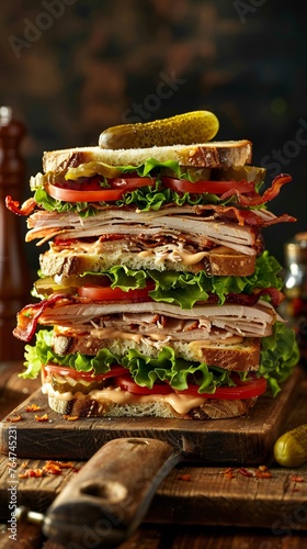 A towering club sandwich layered with succulent roasted turkey crisp bacon lettuce tomato and creamy mayonnaise served on a rustic wooden board with a dill pickle on the side