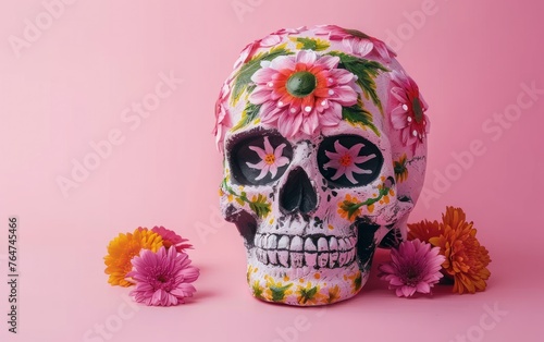 skull with flowers painted on pink background