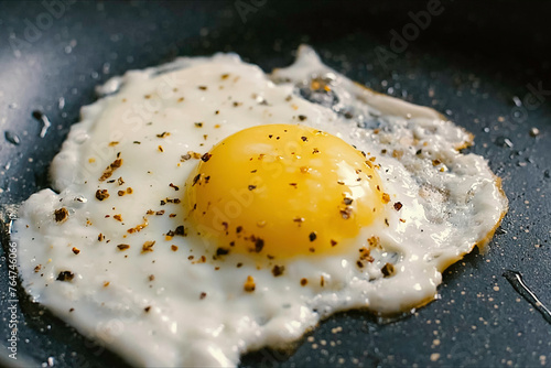 Fried egg with spices in pan.