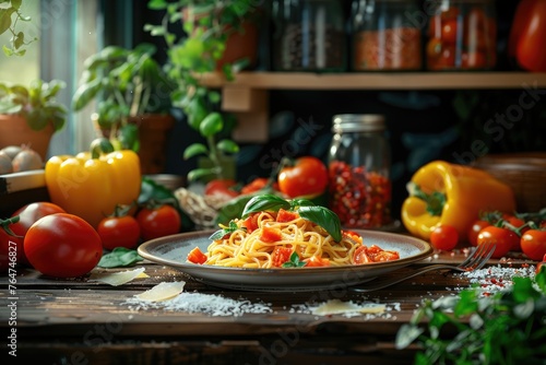 Spaghetti with fresh basil  tomatoes and garlic on a wooden table