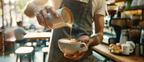 Barista perfecting the art of latte with a skilled milk pour.