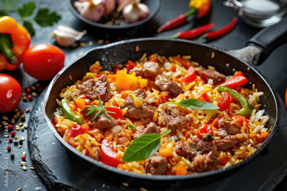 Fried rice with vegetables and meat in a frying pan Fried rice with vegetables and meat in a frying pan