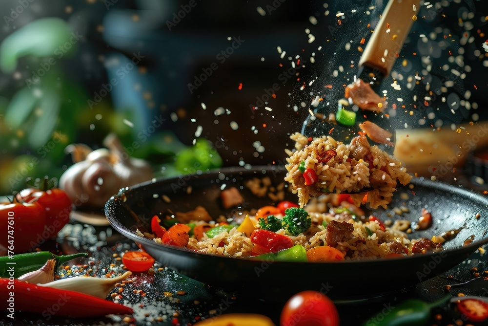 Fried rice with vegetables and meat in a frying pan Fried rice with vegetables and meat in a frying pan