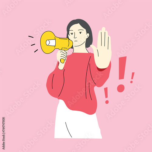 illustration of woman with stop gesture! and holding a megaphone