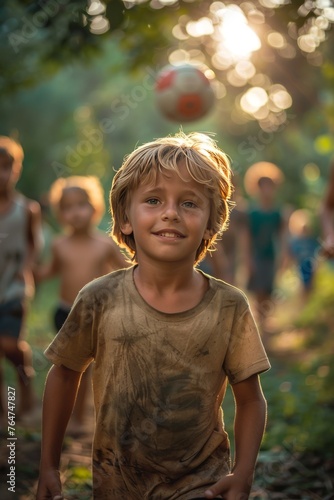 Happy blond boy in dirty t-shirt with children playing ball, selective focus