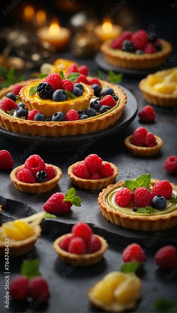 Colorful array of fruit tarts on a rustic slab with a warm ambiance, perfect for a sweet and fruity dessert