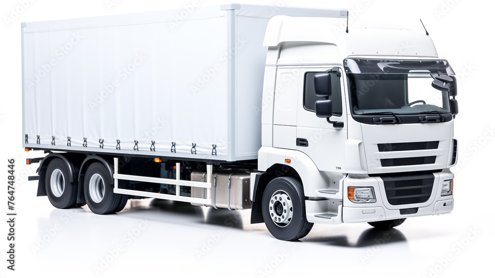 White box truck. A white cargo truck with a white blank empty trailer isolated. Cargo truck advertising, mockups on white background.