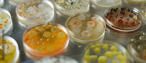 A vivid array of petri dishes showcases diverse bacterial cultures in a microbiology lab. photo