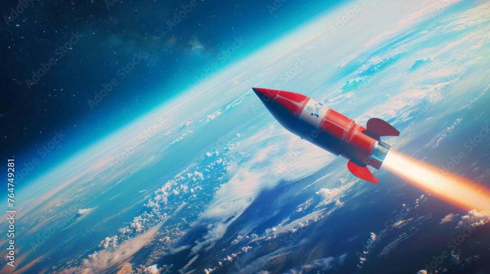 A red and white rocket is seen flying over the Earths atmosphere. The rocket is moving swiftly, leaving a trail behind it as it makes its way through space.