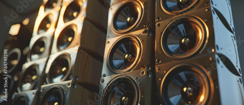 Wall of powerful speakers in a sound system with a focus on audio dynamics.