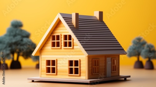 A small toy wooden house on a yellow background, Buying a home real estate concept © Nikolai