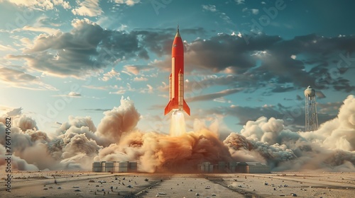 The image shows a red rocket taking off into the sky, leaving a trail of smoke behind. The rocket is propelled upwards, symbolizing a powerful and dynamic launch into space.