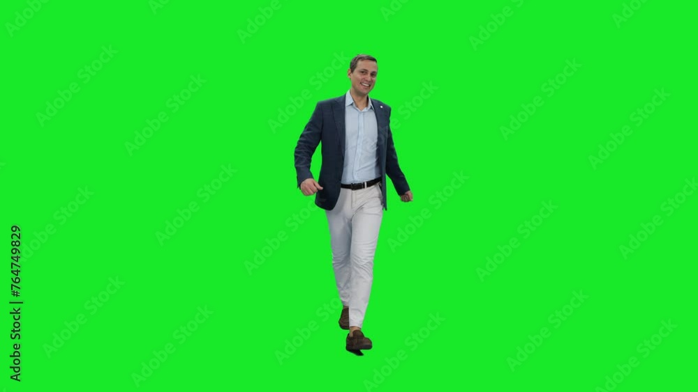 Carefree young happy businessman walking with smile on green background, Chroma key, 4k pre-keyed footage Carefree young happy businessman walking with smile on green background, Chroma key, 4k pre-keyed footage
