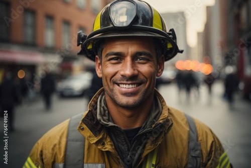 Smiling fireman in uniform on urban street background. AI generated