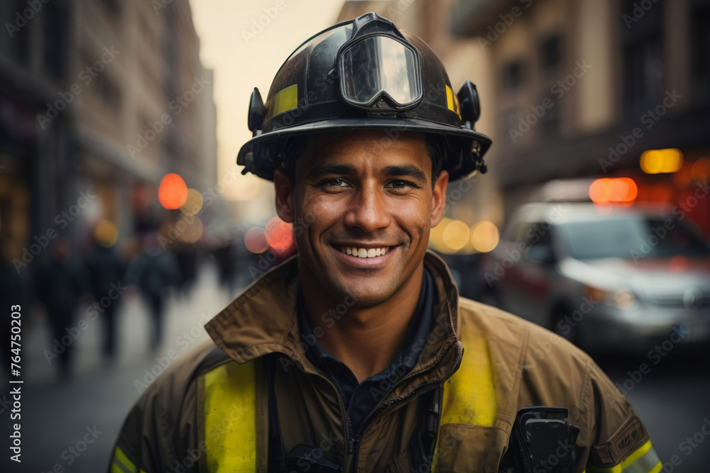 Smiling fireman in uniform on urban street background. AI generated