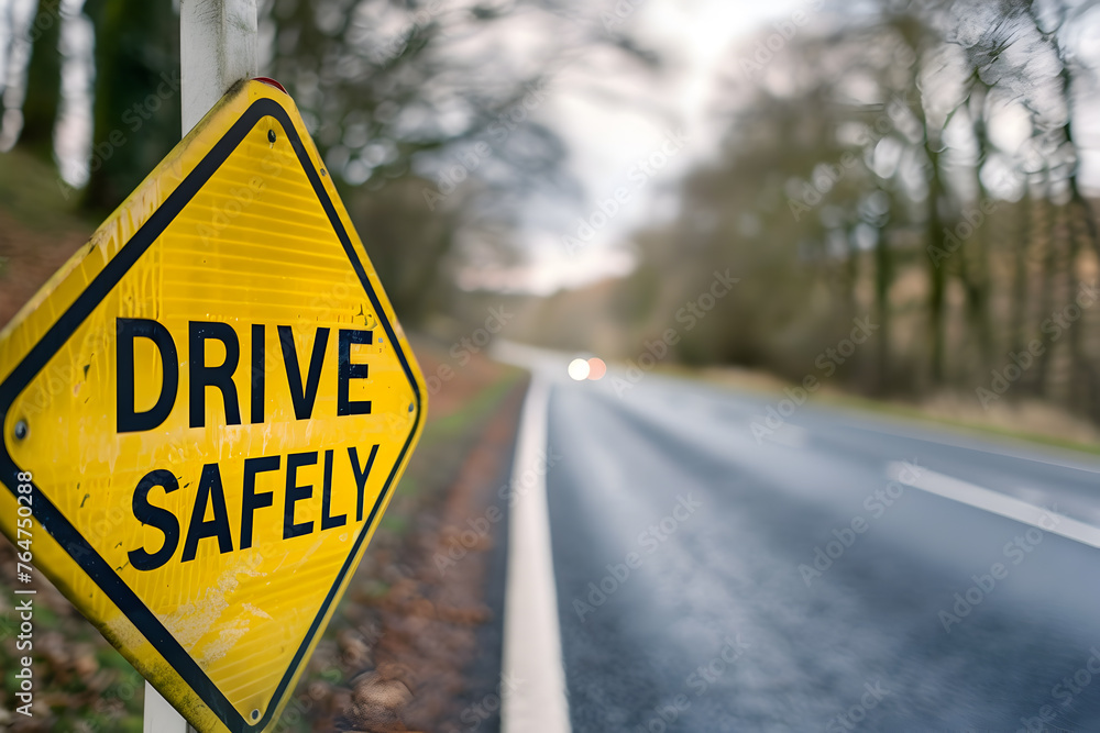 Obraz premium Drive safely yellow road sign closeup with in background