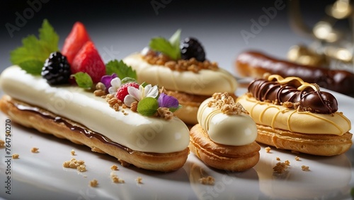 Trio of sophisticated eclairs adorned with chocolate glaze, whipped cream, and decorative toppings on a reflective surface photo
