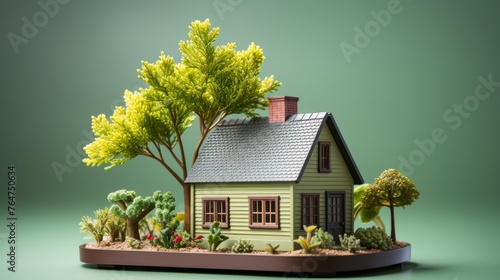 Beautiful small wooden house surrounded by lush green plants and trees in a peaceful natural setting