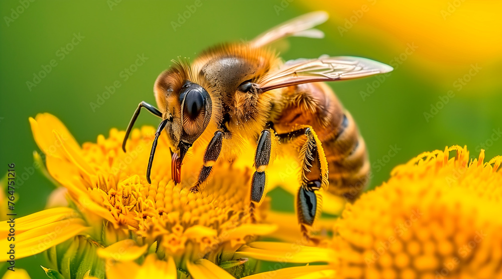 bee (apis mellifera) on helenium flowers - close up. green background bee (apis mellifera) on helenium flowers - close up. green background
