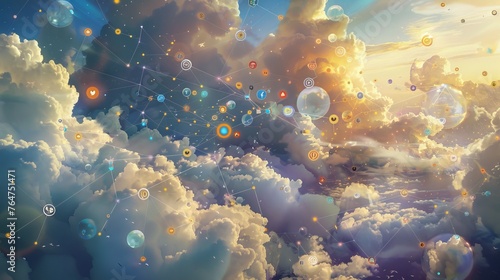Internet social network icons. Fluffy white clouds and bubbles peacefully floating in a clear blue sky. The scene is whimsical and dreamlike, creating a sense of lightness and wonder. photo