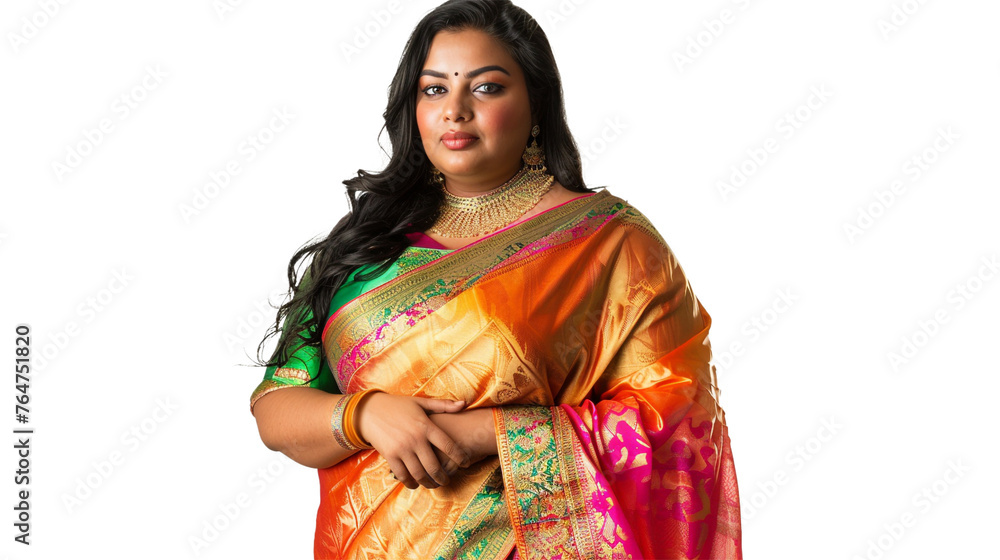 A stunning plus-size woman draped gracefully in a vibrant saree, her confidence radiating as she poses elegantly against a white transparent backdrop