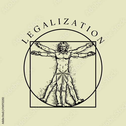 Legalization of marijuana. An illustration of the anatomy of a man with a marijuana leaf on his genitals as a symbol of legalization