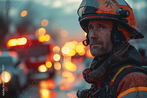 An intense portrait of a firefighter ready to respond to an emergency, with the urgency of blurred lights behind