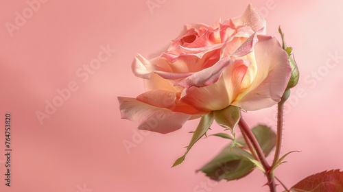 A pink background with a single rose in bloom.