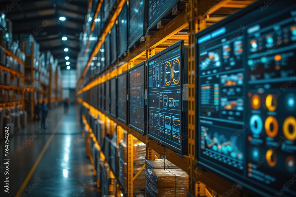An aisle in a modern warehouse with digital data displays, indicative of advanced inventory management An aisle in a modern warehouse with digital data displays, indicative of advanced inventory management