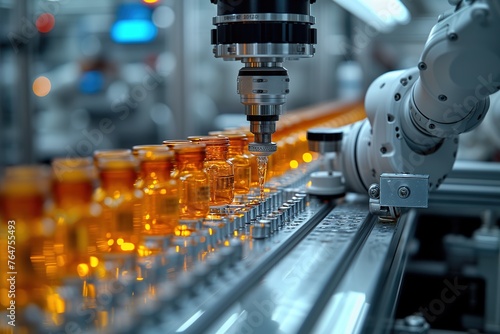 A close-up view of a state-of-the-art robotic arm filling amber bottles on a modern production line