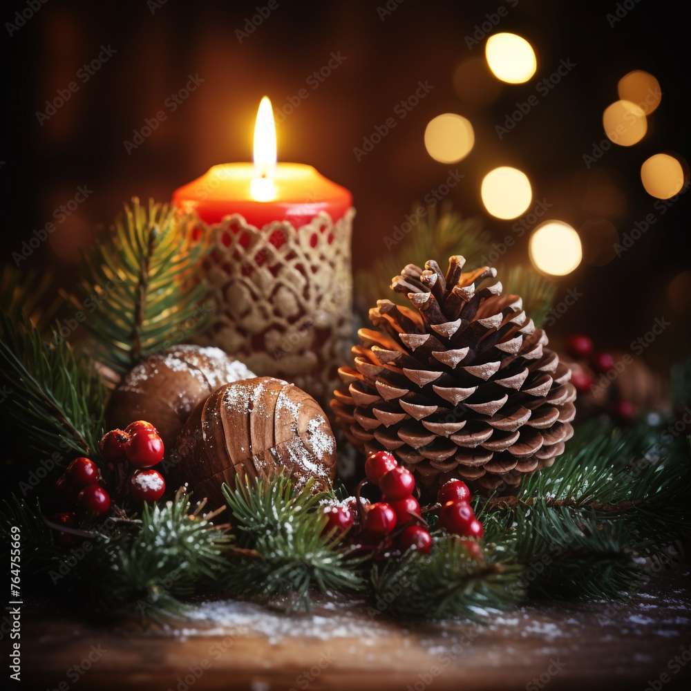 Holiday Christmas, Holiday, Pine Cone, Christmas Ornaments, Candle сreated with Generative Ai Holiday Christmas, Holiday, Pine Cone, Christmas Ornaments, Candle сreated with Generative Ai