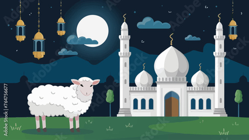 Captivating Eid al-Adha Illustration: Lifelike Sheep Gracing the Scenic Mosque photo