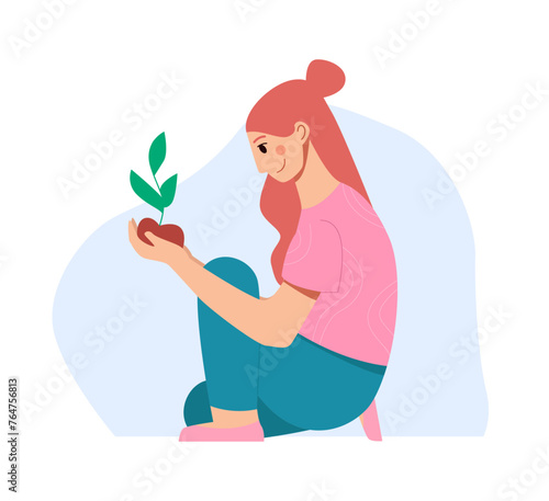 Mental Health Recovery, Inner Self Concept. Woman Holding a Growing Tree. Flat Vector Illustration.