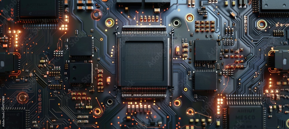 Computer motherboard with CPU. Circuit board system chip with core processor. Computer technology background.