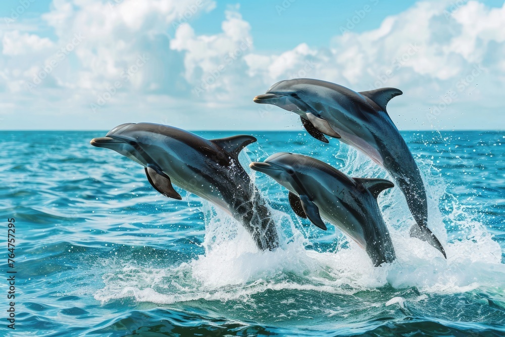 Fototapeta premium Pod of dolphins leaping in ocean at sunrise