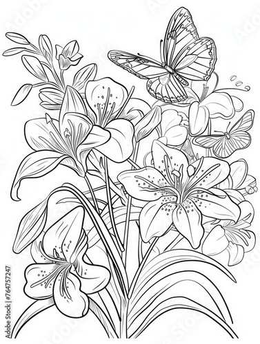Black and white coloring page with flowers and butterflies