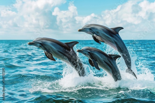 Pod of dolphins leaping in ocean at sunrise