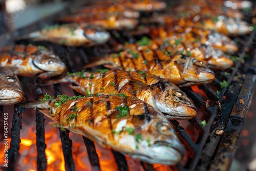 Grilled fish on barbecue flames