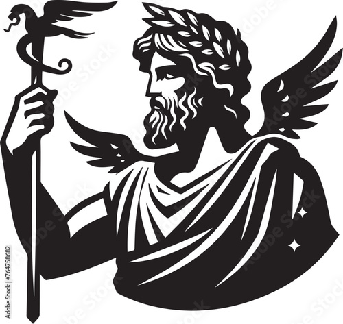 God Hermes illustration. God Mercury illustration. Simple Hermes black and white illustration. Roman goddess Mercury. Greek God Hermes. Greek mythology. Roman mythology