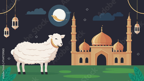 Captivating Eid al-Adha Illustration: Lifelike Sheep Gracing the Scenic Mosque photo