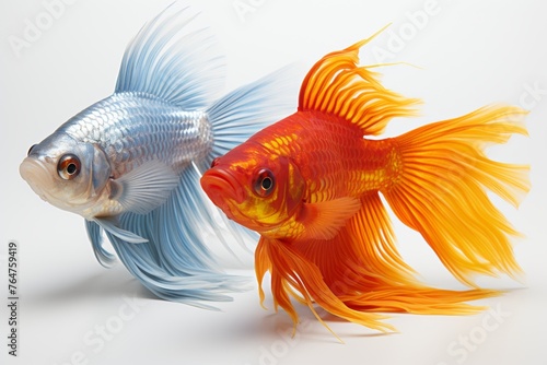 Colorful silver and golden fishes together on white