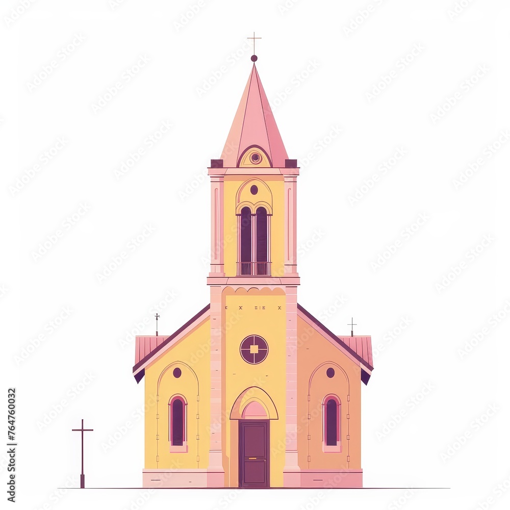 A minimalist illustration of a church building in pastel colors,