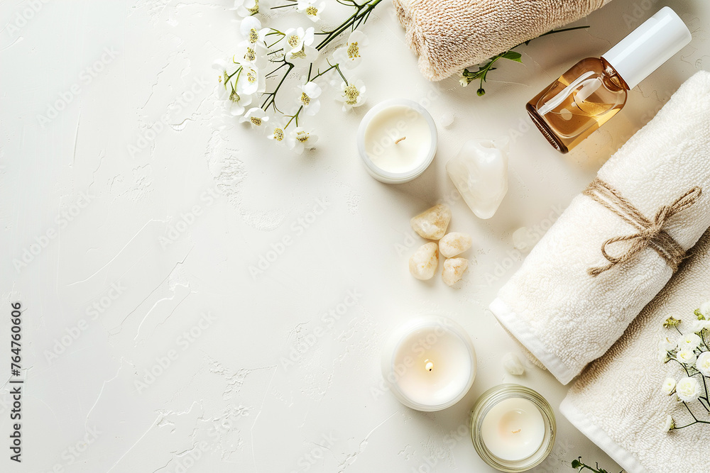 Top view of spa skincare products with towels, candles, flowers, essential oil Top view of spa skincare products with towels, candles, flowers, essential oil