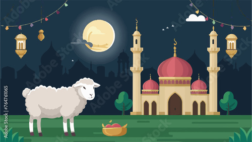 Captivating Eid al-Adha Illustration: Lifelike Sheep Gracing the Scenic Mosque photo