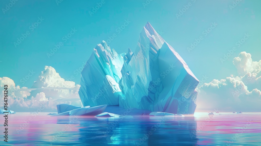 A towering iceberg drifts in the middle of the open ocean, surrounded by nothing but endless water. Its sheer size and icy structure dominate the vast seascape. - obrazy, fototapety, plakaty 
