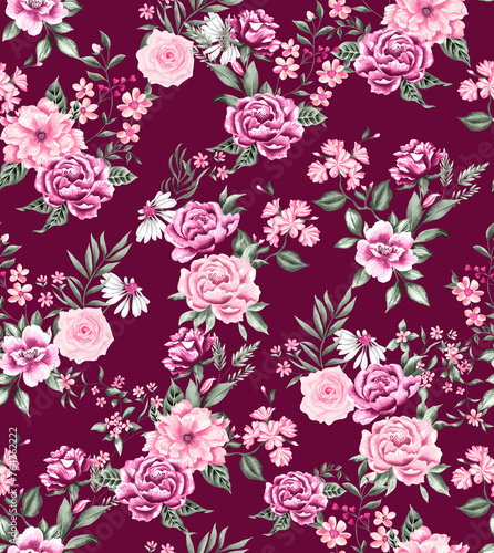 Watercolor flowers pattern, pink tropical elements, green leaves, red background, seamless